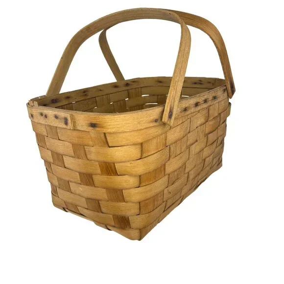 Vtg Basketville Woven Wood Picnic Basket Swing Handles Farmhouse Rustic Decor - Picture 13 of 16